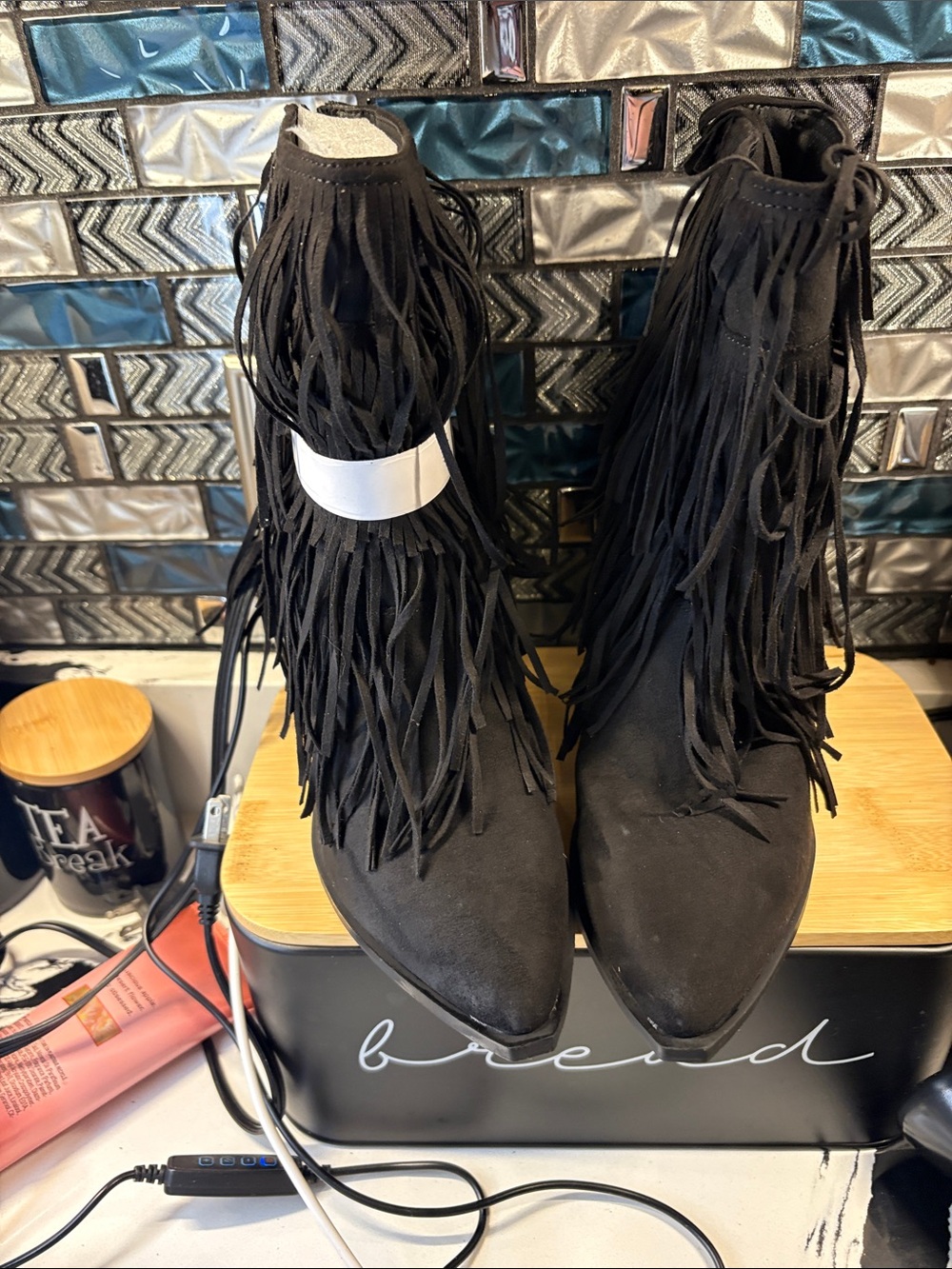 Wild Pair Black Suede Fringe Lace-Up Ankle Boots